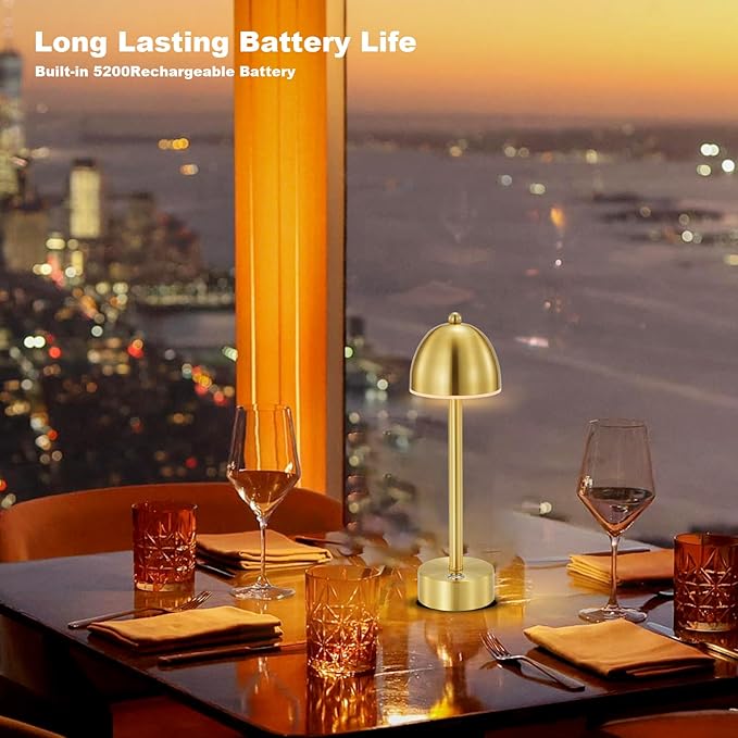 UMEXUS Rechargeable Cordless Mushroom Lamp Set of 2, Touch Dimmable, 5200mAh Small Battery Operated Lamp for Restaurant Bar Cocktail Table, Outdoor Patio Lights, Gold Brass