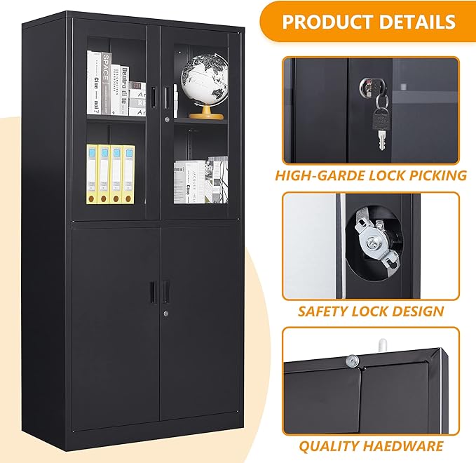 STANI Black Metal Cabinet, Locking Steel Storage with Shelves, Tall Metal Utility Cabinet 2 Doors, Lockable Steel Cabinets for Home Office (4 Doors, Black)