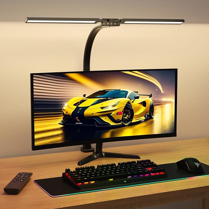 LED Desk Lamp for Home Office - Remote Control Desk Light Computer Lamp with clamp, 22W, Dimmable, Color Changing, Touch Control, Height Adjustable, Black Table Task Light Bar for Work