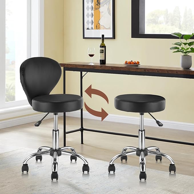 Pu Leather Round Rolling Swivel Salon Stool Chair, with Adjustable Height and Back Support for Office Massage Facial Spa Medical Drafting Tattoo Beauty Barber Black 4PK