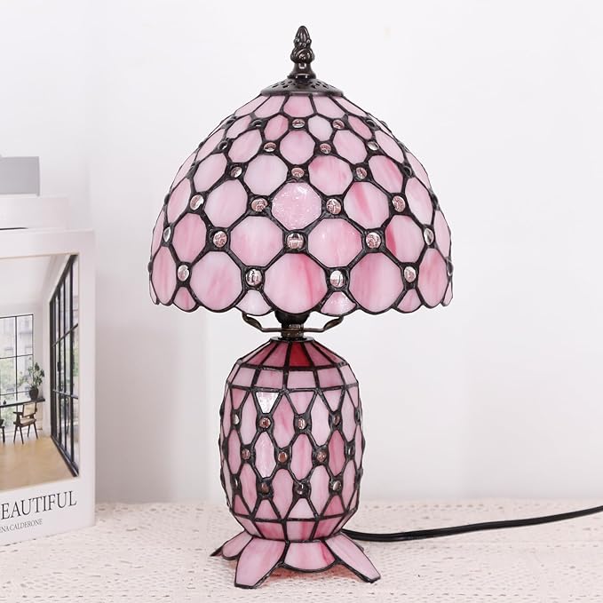Small Tiffany Lamp Stained Glass Table Lamp Mini Mother Daughter Vase Desk Accent Night Light for Bedroom Bedside Reading Home Antique Style 8X14 Inches (Pink)