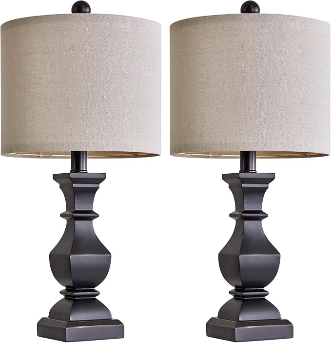 PoKat 20.5" Mid Century Table Lamp Sets of 2 for Living Room Retro Style Farmhouse Table Lamp for Bedroom Classic Beige Resin Bedside Night Light Lamps, Suitable for Small Place