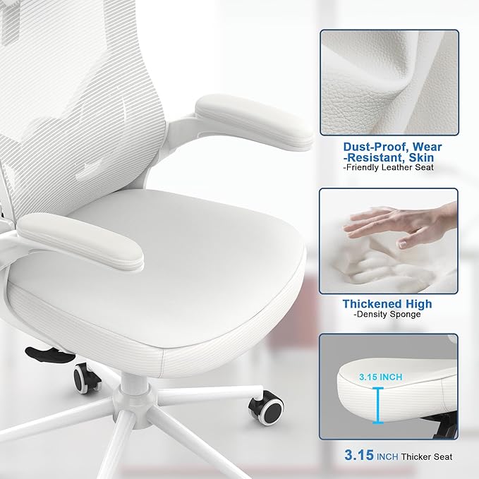 Home Office Chair, Ergonomic Comfy Desk Chair, High Back Computer Chair- Adjustable Headrest with Flip-Up Arms, Lumbar Support, Swivel Executive Task Chair (Modern, White)