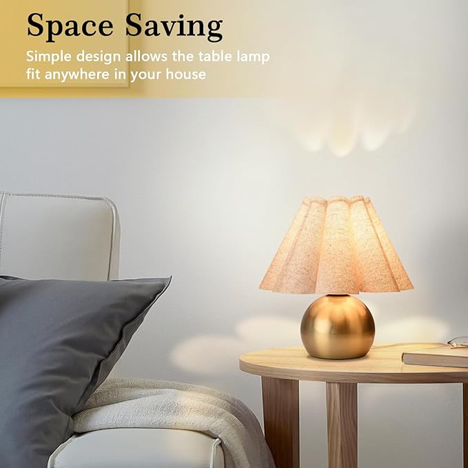 Gold Small Bedside Table Lamp for Bedroom, Brass Gold Bedroom Lamps for Nightstand, Cute Mini Table Lamps for Small Spaces with Scalloped Shade for Kitchen Counter, Bookshelf, Living Room, Kids Dorm