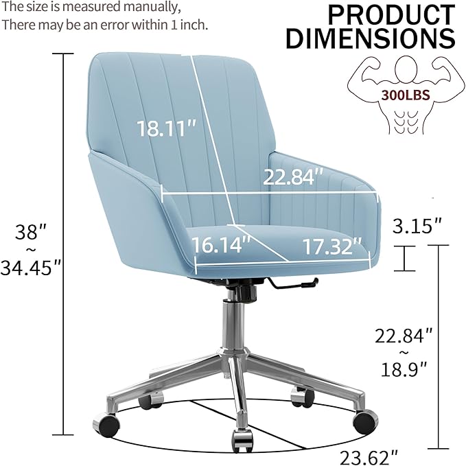 YISHENG Velvet Office Desk Chair with Silver Base, with Wheels,Modern Height Adjustable 360 Degree Swivel Upholstered Vanity Chairs with Arms for Living Room Bedroom,Light Blue