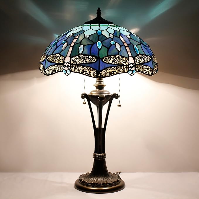 Tiffany Table Lamp Blue Stained Glass Desk Lamp 16X16X24 Inches Dragonfly Style Reading Light