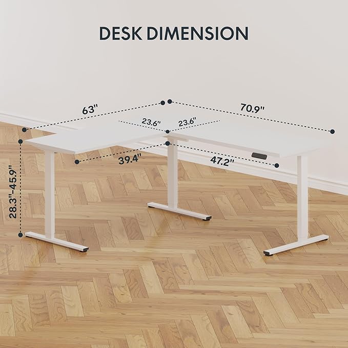 SANODESK Electric Corner L-Shaped 71 x 63 in Standing Desk, Memory Height Adjustment, White Top White Frame