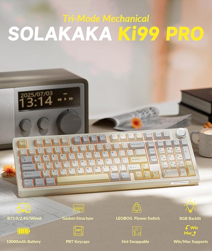 SOLAKAKA KI99 Pro 96% Wireless Mechanical Keyboard, RGB Gaming Keyboard, Hot-Swappable Pre-Lubed Switches, Gasket Structure Creamy Keyboards (Beige-White, Non-Silent Version)