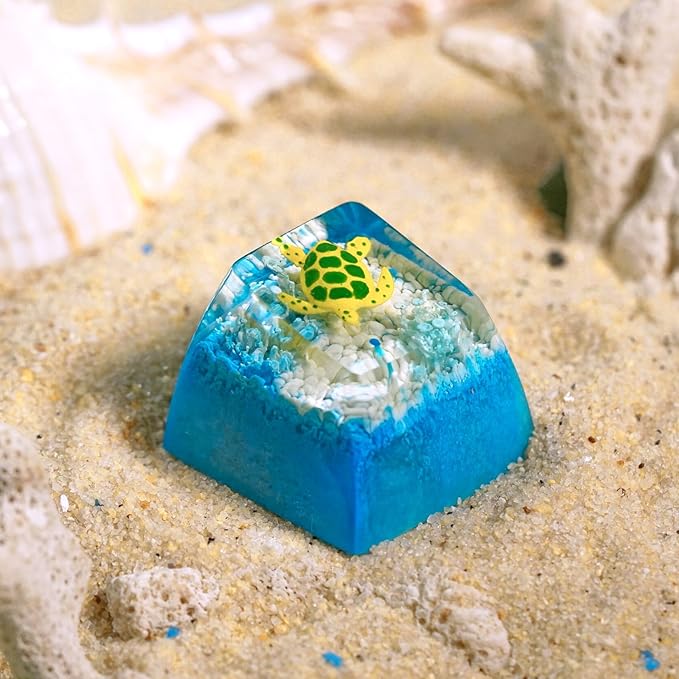 Sea Turtle Artisan Keycap Light Blue and White Coral R1 SA Profile Custom Sea Creatures Keycaps 1U ESC Handmade Gaming Resin Key Cap Cherry MX Switch Compatible Mechanical Keyboard Turtle Lover Gift