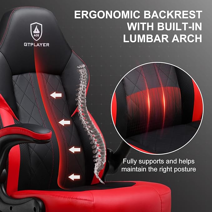 GTPLAYER Video Gaming Chair, Ergonomic Computer Gaming Chair with Flip-Up Armrests and Adjustable Height, Comfortable Desk Chairs with Built-in Lumbar Support, Recliner with 360°Swivel (Oil Red)