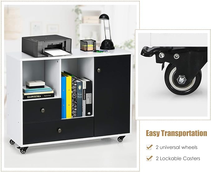 Giantex Mobile File Cabinet on Wheels - Lateral Filing Cabinet with Drawer, Open Shelves, Lockable Wheels, Printer Stand for Letter/Legal/A4 Size Files, Office Storage Cabinet (Round Knob)