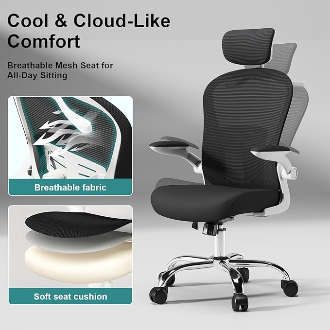TLLMOON-6066 Panda All-Around Micro-Adjustable Comfort Chair. Full Experience Ergonomic Learning Chair. Headrest, Backrest, Lumbar Support, Armrests, and Gas Bar. (White-Black)