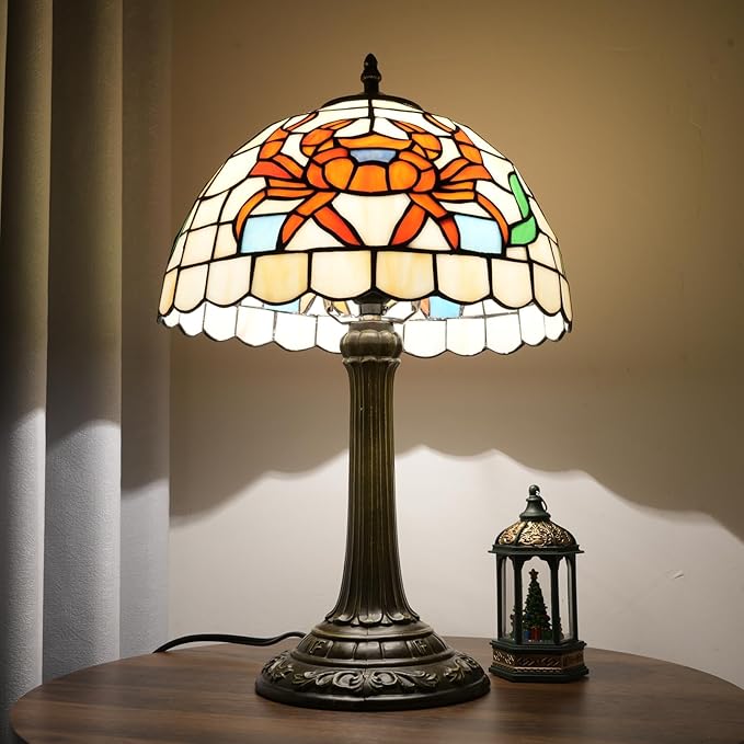 Tiffany lamp 12 inch stained glass lamp crab warm light reading lamp Bed lamp Tiffany style is suitable for bedroom dormitory living room study and other classical art home decoration handicrafts gift