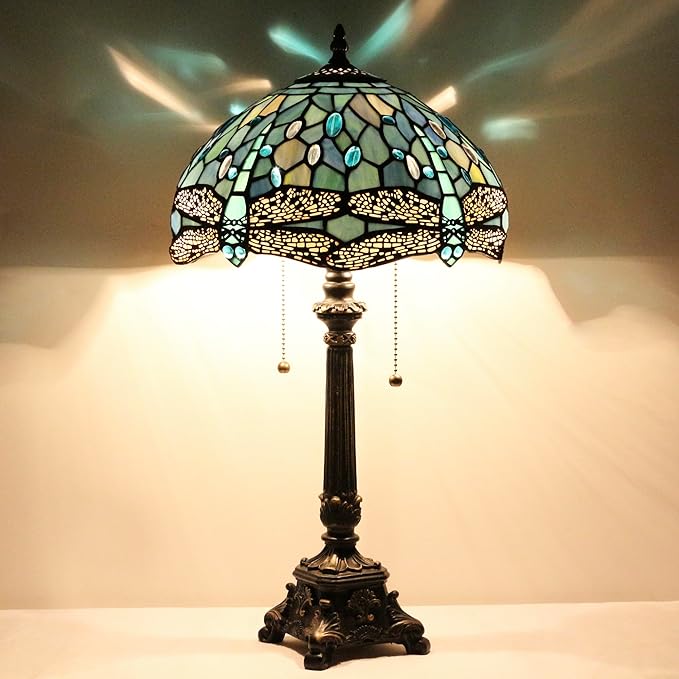 Tiffany Table Lamp Sea Blue Stained Glass Desk Lamp 12X12X21 Inches Dragonfly Style Reading Light