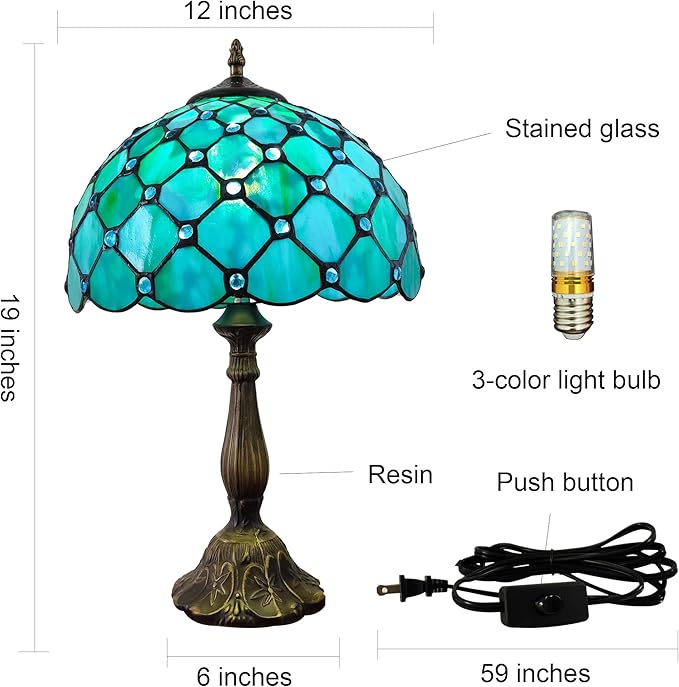 Tiffany Lamp Stained Glass Table Lamp Antique Bedside Desk Reading Light 3-Way Color LED Living Room Nightstand Light 12X12X19 Inches Home Office Desk Light