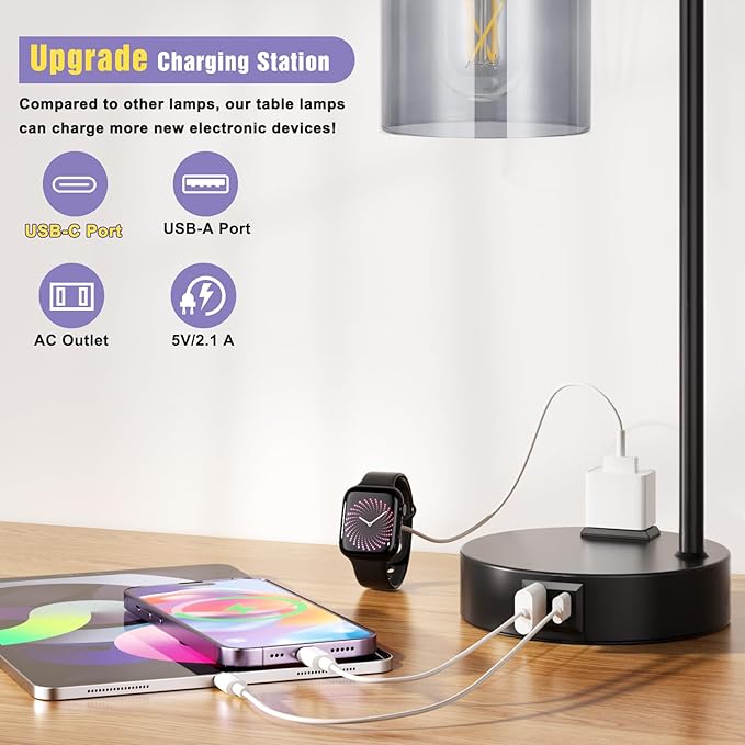 Innqoo Industrial Touch Bedroom Lamps for Bedrooms Set of 2-3-Way Dimmable Table Lamps with USB C+A Ports and Outlet, Bedside Lamps with Gray Glass Shade for Living Room, Desk Lamps for Home Office