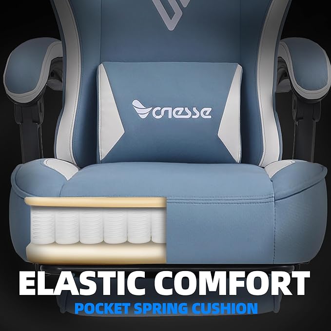 Vonesse Gaming Chair, Computer Chair Fabric with Pocket Spring Cushion, Office Chair with Footrest and Massage Lumbar Support, Reclining Gaming Chairs for Adults 250LBS (Blue)