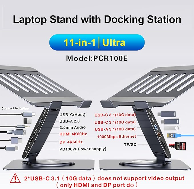 Laptop Docking Station Stand 11-IN-1 Triple Display HDMI DP 4K60Hz Gigabit Ethernet USB3.1 PD100W SD/TF Card Reader Audio 360°Swivel Laptop Stand with USB Hub for MacBookPro/Air/Dell/HP/Surface/Lenovo