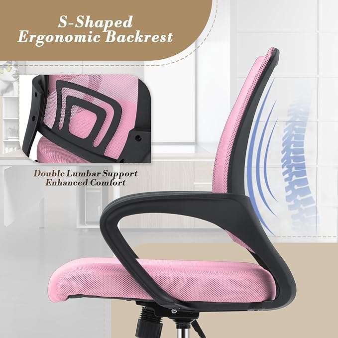 Athena Collection Computer Office Chair, Ergonomic Desk Chair with Rolling Wheels, Mesh Back Support and Height Adjustable, Small and Comfy for Home Office, Study, Pink