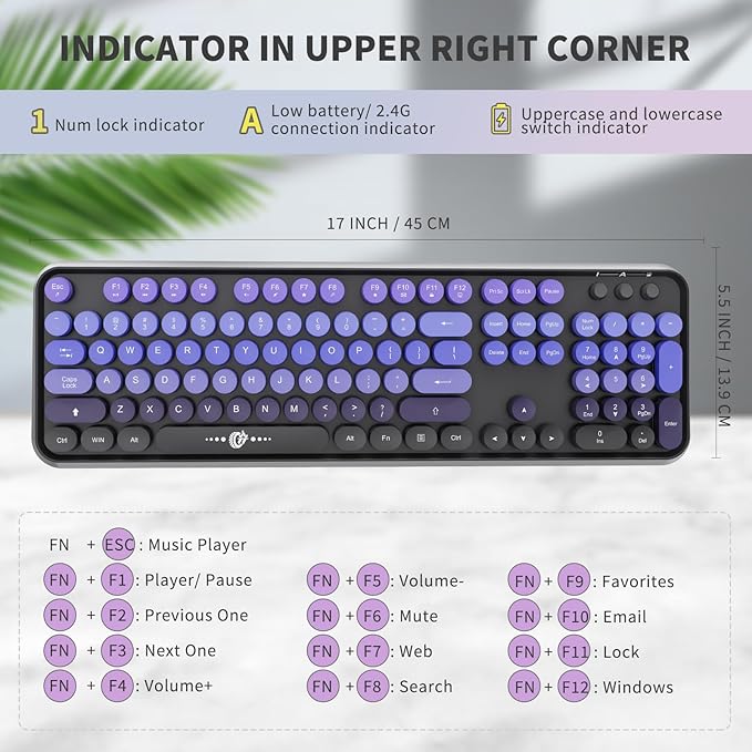 Wireless Keyboard and Mouse Combo | Cute Colorful Keyboard and Mouse with 2.4GHz Cordless Retro Typewriter Keyboard | Auto-Sleep | USB Receiver for Windows PC/Laptop - Black Purple Gradient
