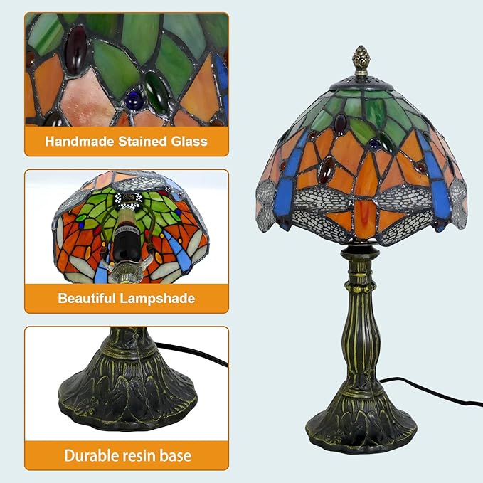 Tiffany Lamp Orange Dragonfly Stained Glass Table Lamp Desk Reading Light, 8" Wide 15" Tall Bronze Base Bedside Table Lamp Decor for Bedroom Living Room Home Office