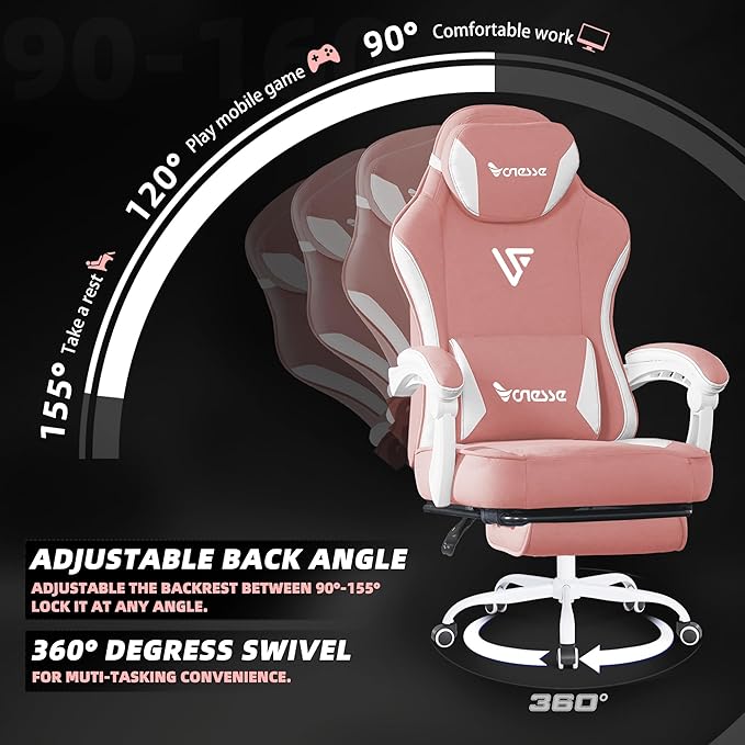 Vonesse Gaming Chair, Computer Chair Fabric with Pocket Spring Cushion, Office Chair with Footrest and Massage Lumbar Support, Reclining Gaming Chairs for Adults 250LBS (Pink)