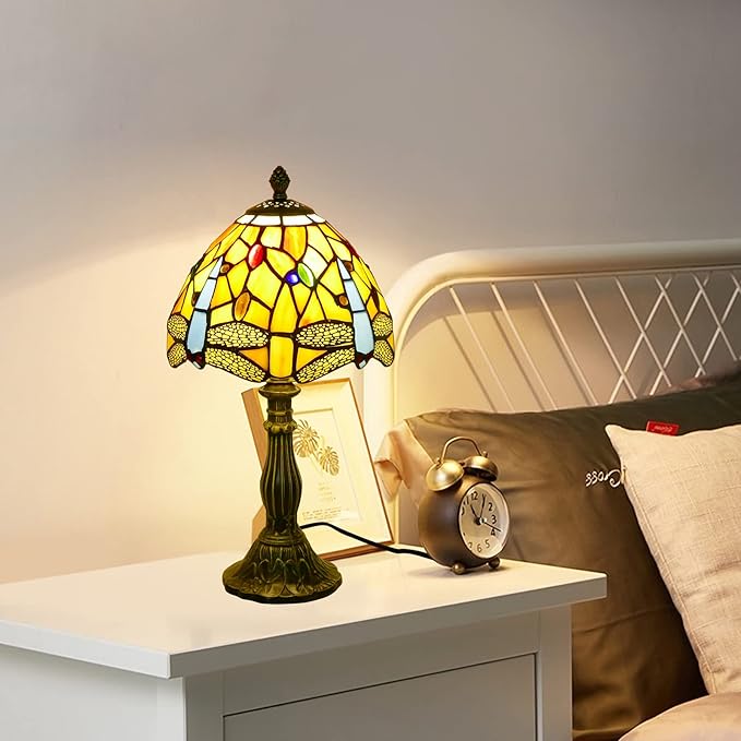Tiffany Lamp Dragonfly Style Stained Glass Table Lamp Desk Reading Light, 8" Wide 15" Tall Bedside Table Lamp Decor for Small Space Bedroom Home Office