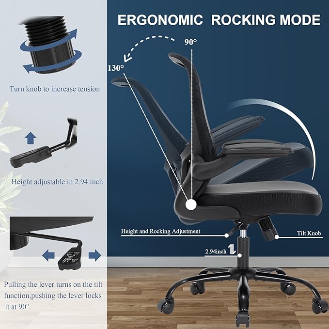 Office Chair, Ergonomic Mesh PU Leather Desk Computer Chair, with Lumbar Support, Adjustable Height, Executive Swivel Rolling with Flip-up Arm, Black
