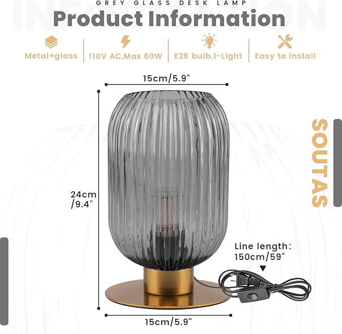 Small Lamp for Nightstand, Smoke Glass Table Lamp Grey Bedside Table Lamp with Gold Metal Base, Vintage Bedside Lamp Mid Century Modern Plug in Table Lamps for Bedroom Living Room Office Study