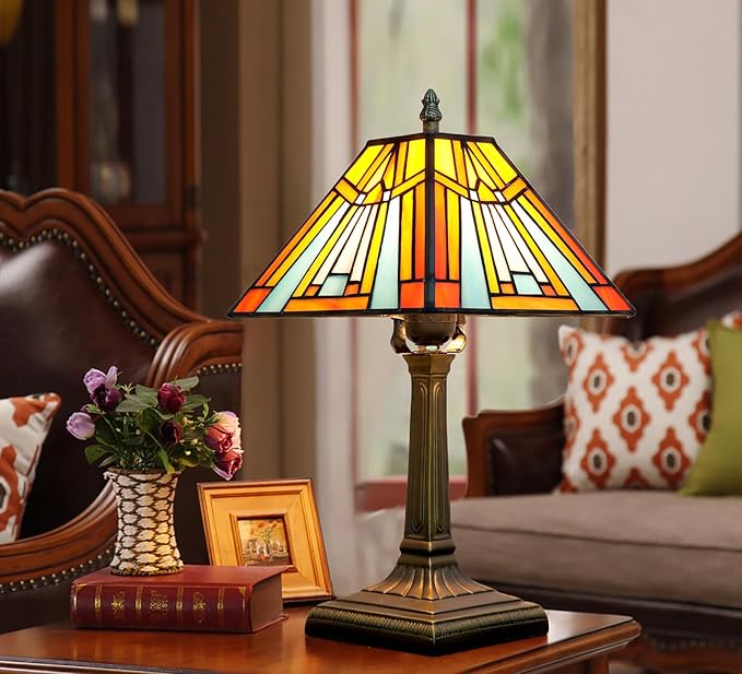 Tiffany Table Lamp Amber Brown Stained Glass Lamp Mission Style Antique Desk Beside Reading Lamp for Office Home Living Room Bedroom