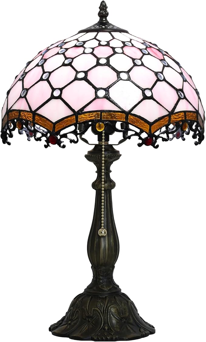 Tiffany Lamp Stained Glass Table Lamp Bedside Table Reading Lamp Living Room Night Light 12-inch Pink Pearl Style Suitable for Home and Office Desktops