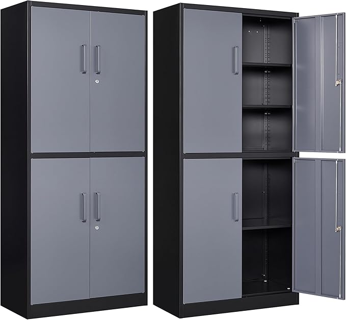 Letaya Metal Storage Cabinets with Lock Door and Shelves, Steel Garage Tool Cabinets for Home,Office, Warehouse,Lockers(71"-Black Gray)