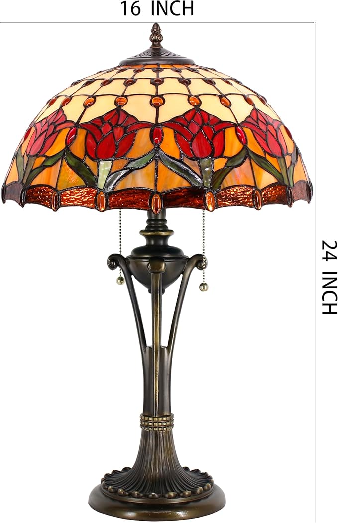 Tiffany Table Lamp Red Amber Stained Glass Desk Lamp 16X16X24 Inches Tulip Flower Style Reading Light
