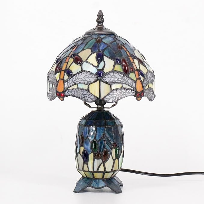 Small Tiffany Lamp Stained Glass Table Lamp Mini Mother Daughter Vase Desk Accent Night Light for Bedroom Bedside Reading Home Antique Style 8X14 Inches (Sea Blue Yellow)