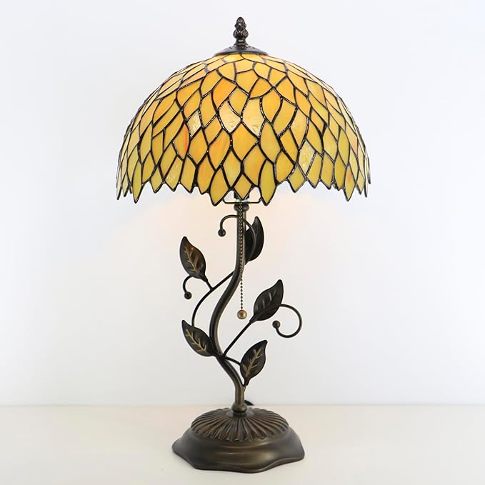 Tiffany Lamp Stained Glass Table Lamp Desk Bedside Reading Light 12X12X19 Inches with Metal Leaf Base(Yellow Wisteria)