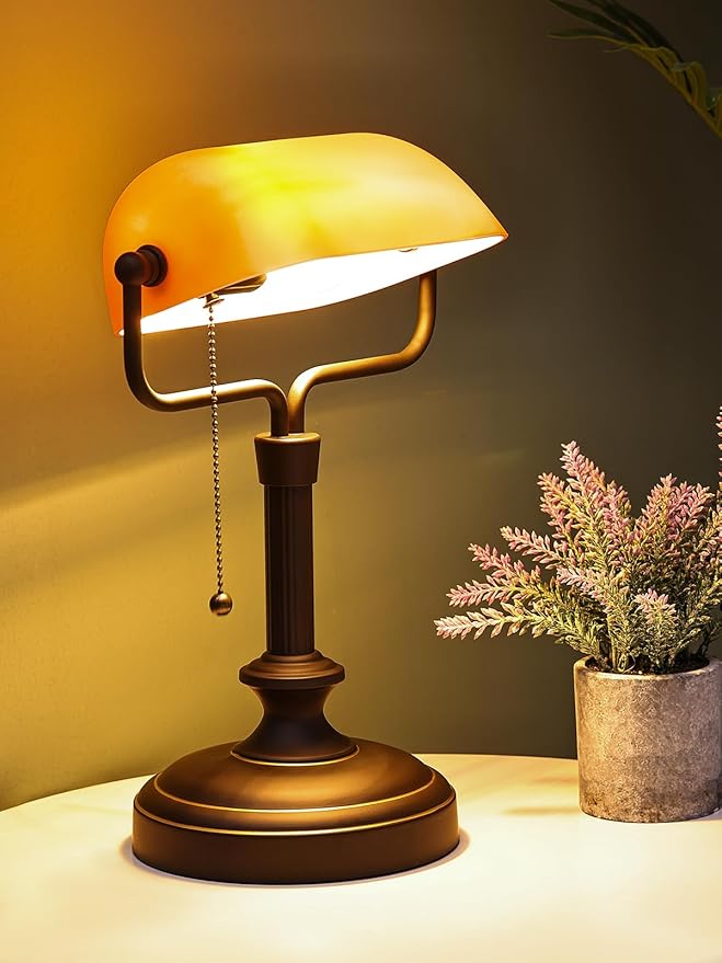 Traditional Banker's Desk Lamp with Glass Shade,Pull Chain Switch, LED Bulb Included (Antique Black+Matt Amber)