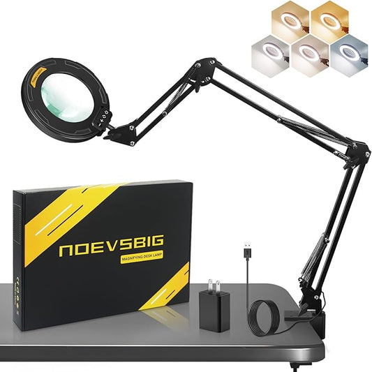 Magnifying Glass with Light 12X Magnifier Desk Lamp Close Work Up for Desktop Crafting, Reading, Sewing, Soldering, Ultra Long Swing Arm 3-Section 5 Color Modes Cool Design Head Controller