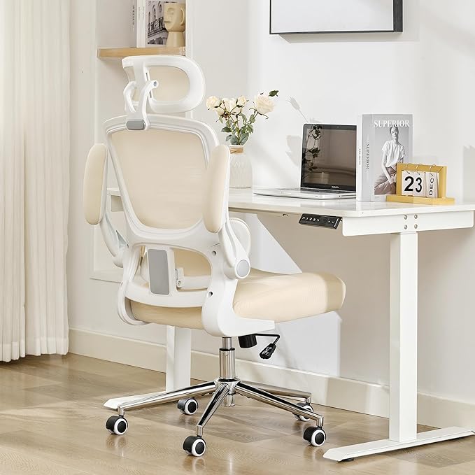 Ergonomic Office Chair,Home Mesh Office Desk Chairs,High Back Chair 330 LBS,Swivel Computer Task Chair with Adjustable Lumbar Support,Up&Down Flip-Up Arms,Rocking Function (Beige)