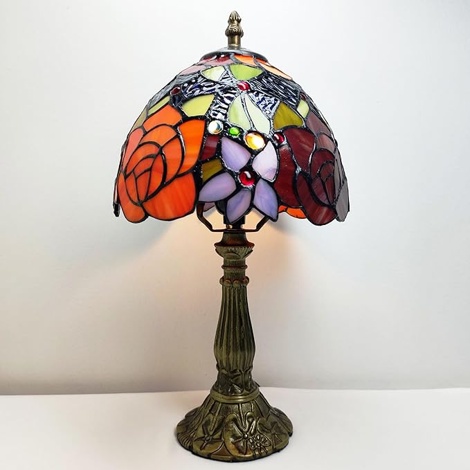 Small Tiffany Table Lamp 8 Inch Tiffany Style Desk Lamp Stained Glass Antique Light Decoration Bedroom Bedside Lamp Retro Reading Lamps (Red Roses Flowers Style)