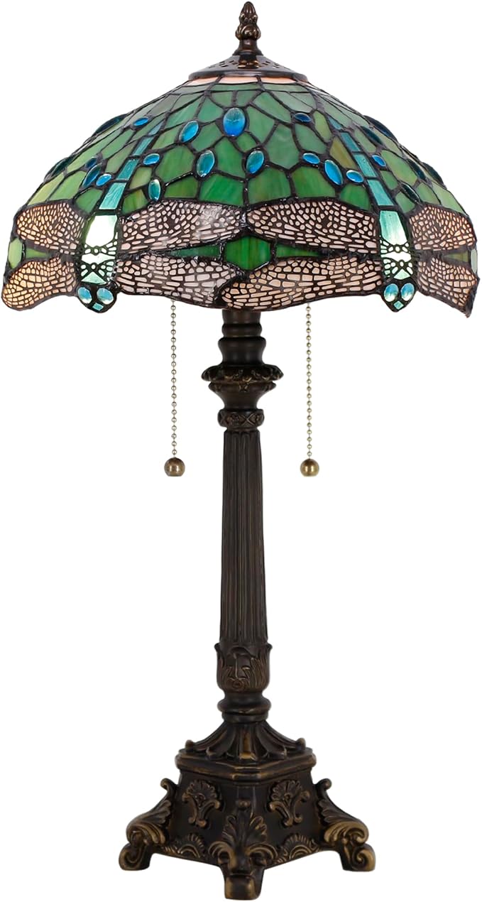 Tiffany Table Lamp Green Stained Glass Desk Lamp 12X12X21 Inches Dragonfly Style Reading Light