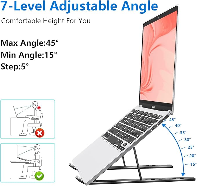 Laptop Stand for Desk, Aluminum Metal MacBook Stand,Computer Riser for Desk, Portable Foldable Adjustable Notebook Holder, Compatible with 10-15.6 Inch Laptops, iPad, Space Gray.