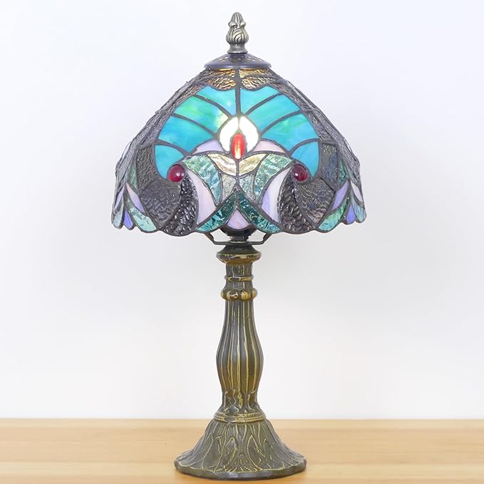 Small Tiffany Lamp Mini Stained Glass Table Lamp Bedside Accent Lamp Memory Sympathy 8X14.5 Inch (Green Liaison Style)