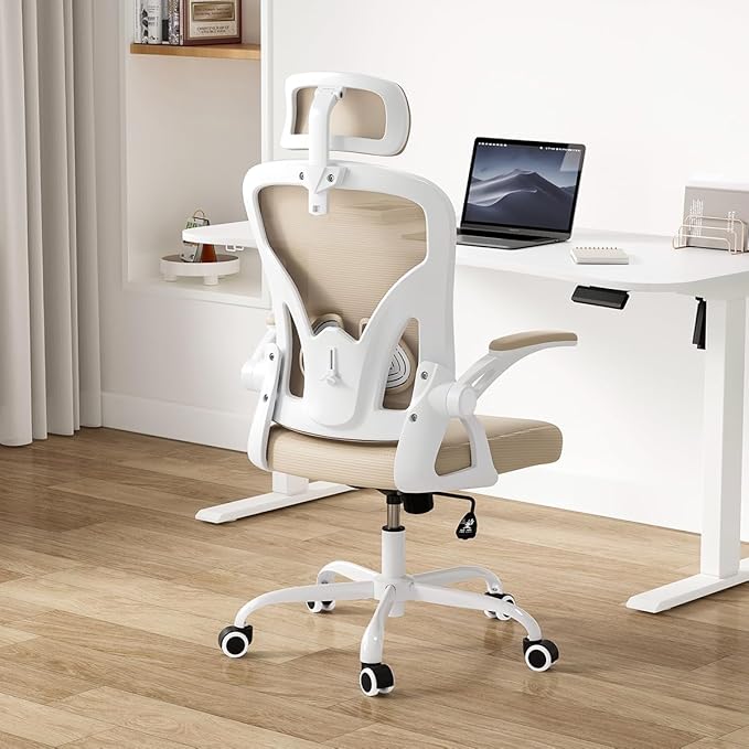 Farini Ergonomic Office Chair, Home Office Desk Chair with Headrest, High Back Computer Chair with Armrests and Adjustable Lumbar Support for Home Office Study Room, White & Khaki