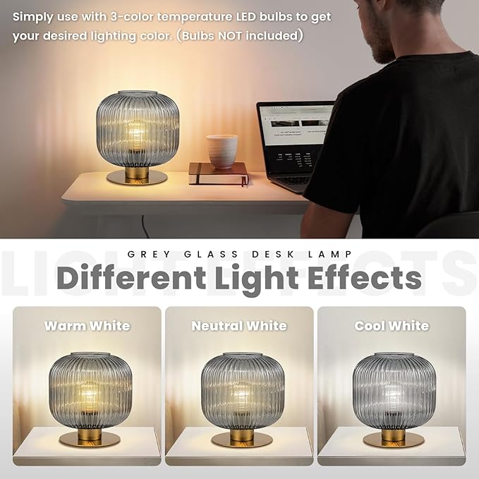 Gray Table Lamps Modern Table Lamp Smoky Glass Lamp Small Bedside Lamp Mid Century Living Room Globe Table Lamp Vintage Bedside Gold Lamp for Bedroom Nightstand
