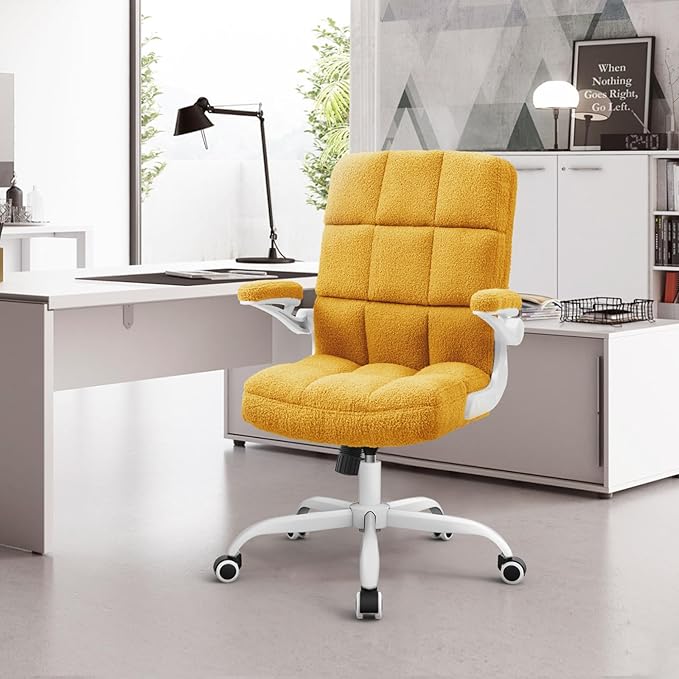 SEATZONE Comfy Office Chair,Yellow Small Desk Chair with Flip-up Armrests Adjustable Swivel Computer Chair for Home,Office,Bedroom