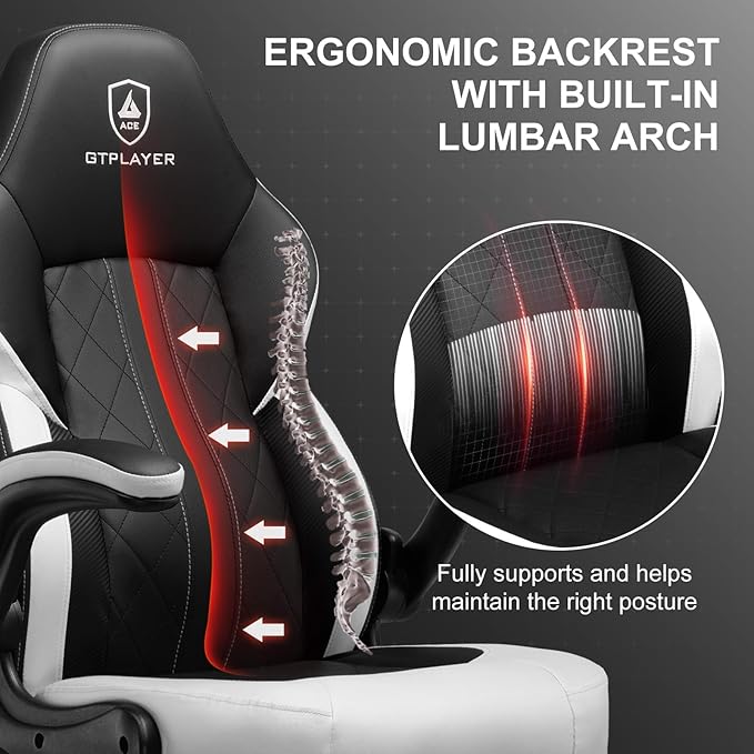 GTPLAYER Video Gaming Chair,Ergonomic Gaming Chair with Flip-Up Armrests,Comfortable Desk Chair with Adjustable Height,Computer Chair with Built-in Lumbar Support, Recliner with 360° Swivel (White)