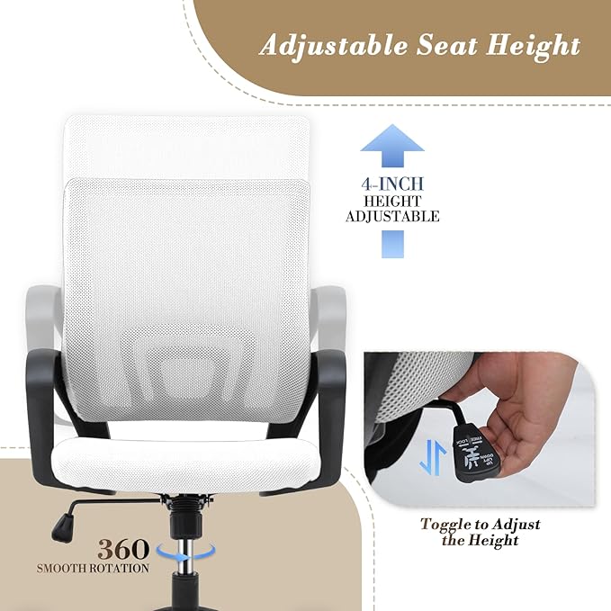 Athena Collection Computer Office Chair, Ergonomic Desk Chair with Rolling Wheels, Mesh Back Support and Height Adjustable, Small and Comfy for Home Office, Study, White