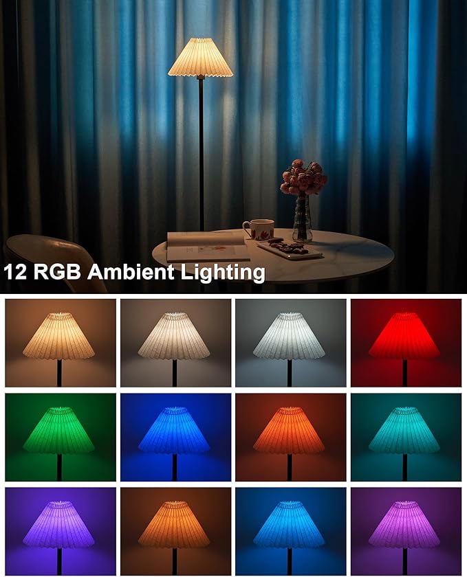 UMEXUS Cordless LED Floor Lamp for Bedroom, Rechargeable, Dimmable RGB, Portable, Modern Pleated Standing Light with Remote & Timer, Small Corner Pole Lamps for Living Room Bedside Home Outdoor Decor