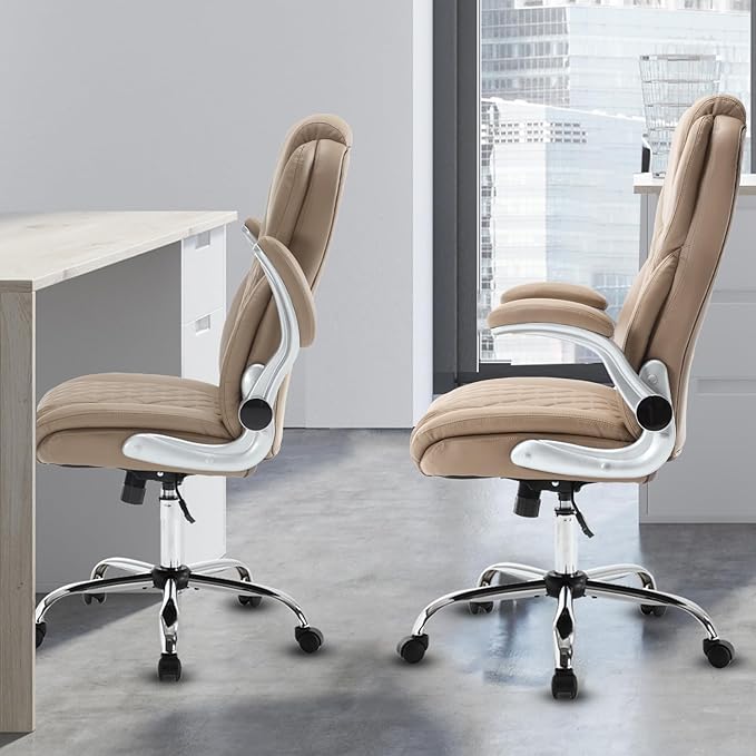 Leather Executive Office Chair, High Back Ergonomic Office Desk Chairs with Wheels, 90-120° Rocking Managerial Home Computer Chairs with Flip up Arms and Lumbar Support(Light Brown)
