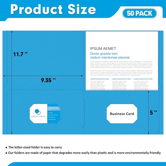 Two Pocket Folders, PANDRI 50 Pack 2 Pocket Folders, Letter Size Paper File Folder for School Office Home Business, LightBlue